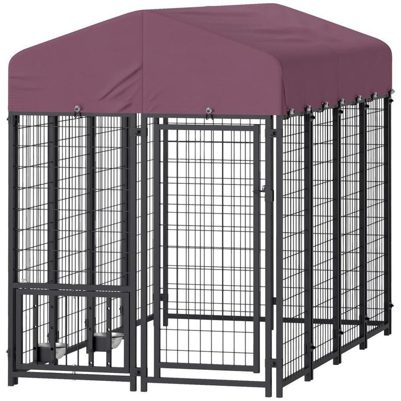 HKM-367315 Welded Wire Outdoor Dog Kennel with Adjustable Feeding Bowls and Waterproof Cover, 7.9 x 4 x 6 ft