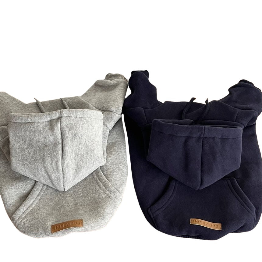 HKM-3676093 Cozy Hooded Sweater for Small Puppies and Cats - Gray & Dark Blue, Sizes XS to XL