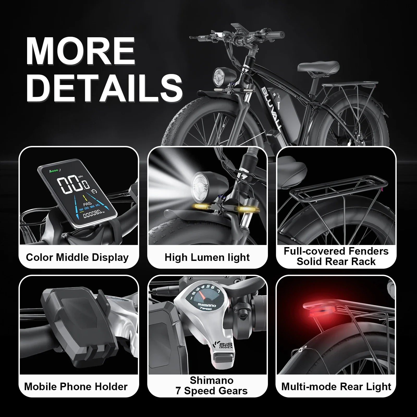HKM-367699 26" 4.0 Fat Tire Electric Bike, 48V 1000W Motor, 16Ah Battery, 7-Speed Shimano, Hydraulic Disc Brakes, LED Lights
