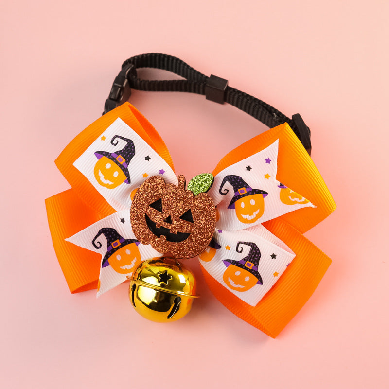 HKM-3678781 Pumpkin Bow Tie with Bell for Cats and Dogs - Halloween Costume Accessory