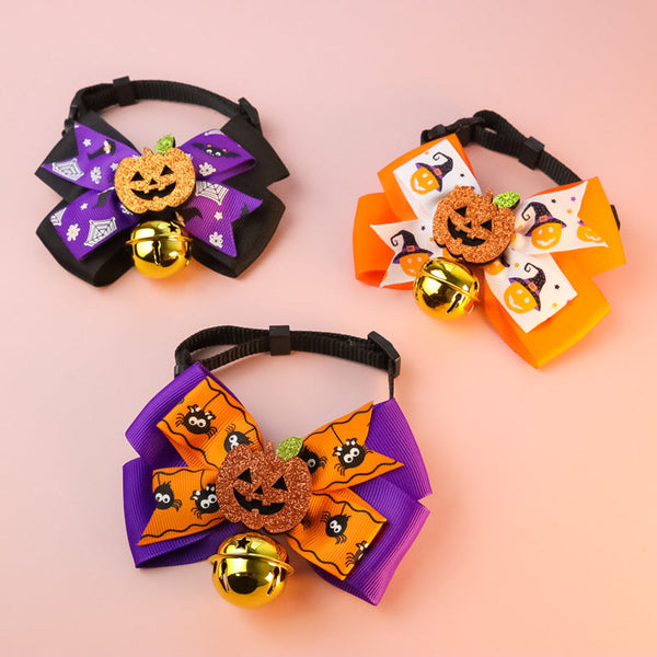 HKM-3678781 Pumpkin Bow Tie with Bell for Cats and Dogs - Halloween Costume Accessory
