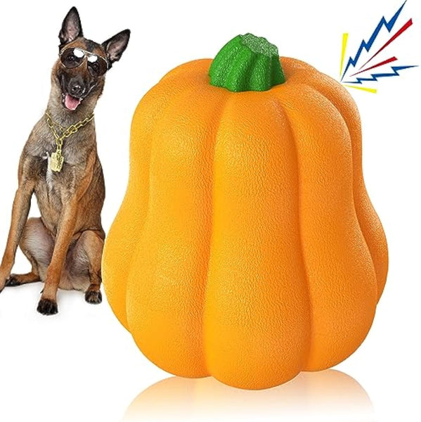 HKM-3684029 Squeaky Yellow Pumpkin Dog Toy with Throwing Drawstring for Halloween Fun