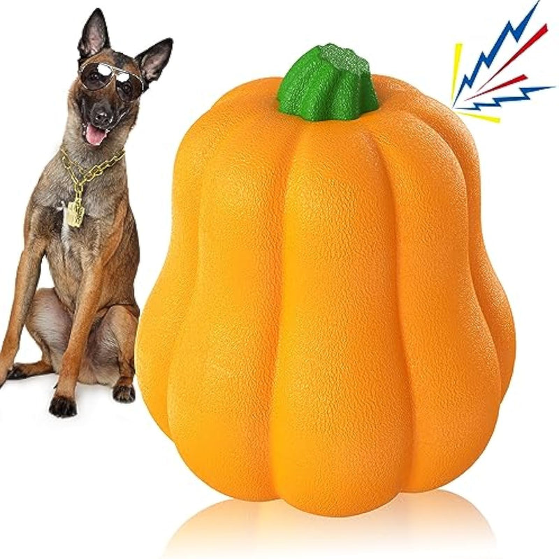 HKM-3684029 Squeaky Yellow Pumpkin Dog Toy with Throwing Drawstring for Halloween Fun