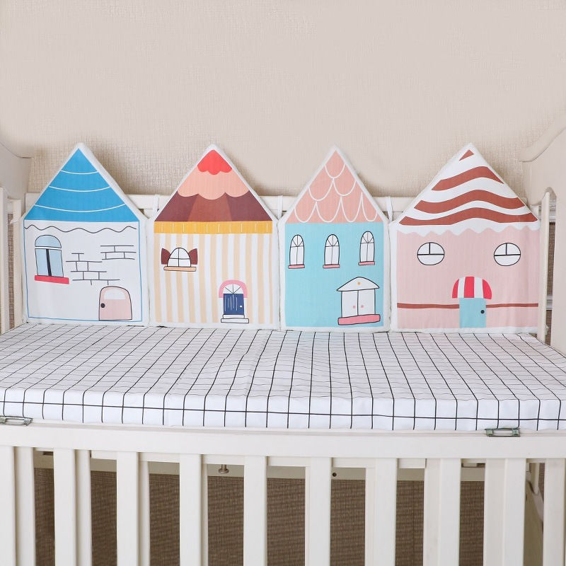 HKM-368467 Cotton Crib Bedding Set with Bed Fence - Four-Piece in Multiple Color Options