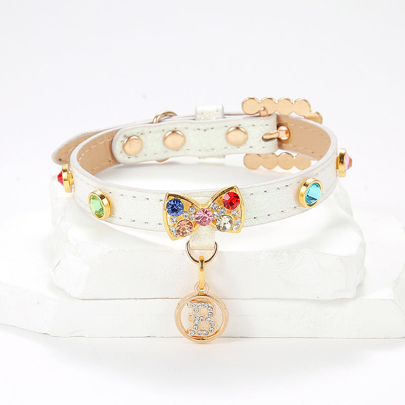 HKM-369299 Elegant White PU Cat Collar with Diamond Alloy Bow - Sizes XS to L Available