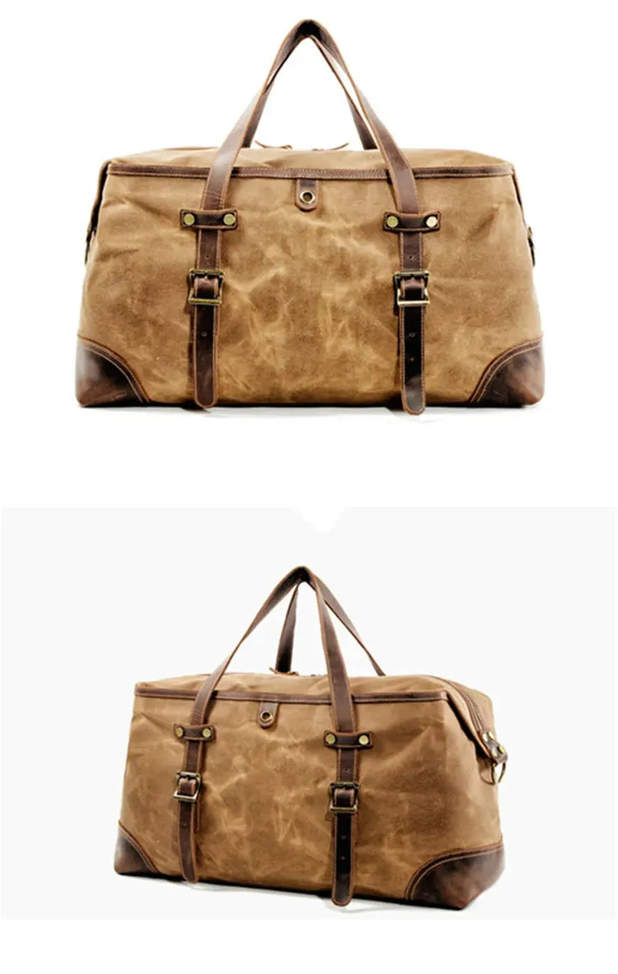 HKM-369363 Waterproof Waxed Canvas Duffle Bag with Leather Accents for Men - 52cm x 22cm x 30cm