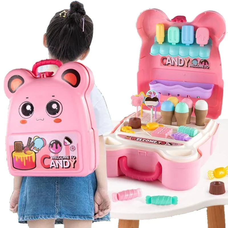 HKM-369555 2 in 1 Candy Backpack Ice Cream Shop Role Play Kitchen Toy Set for Kids Age 3 and Up