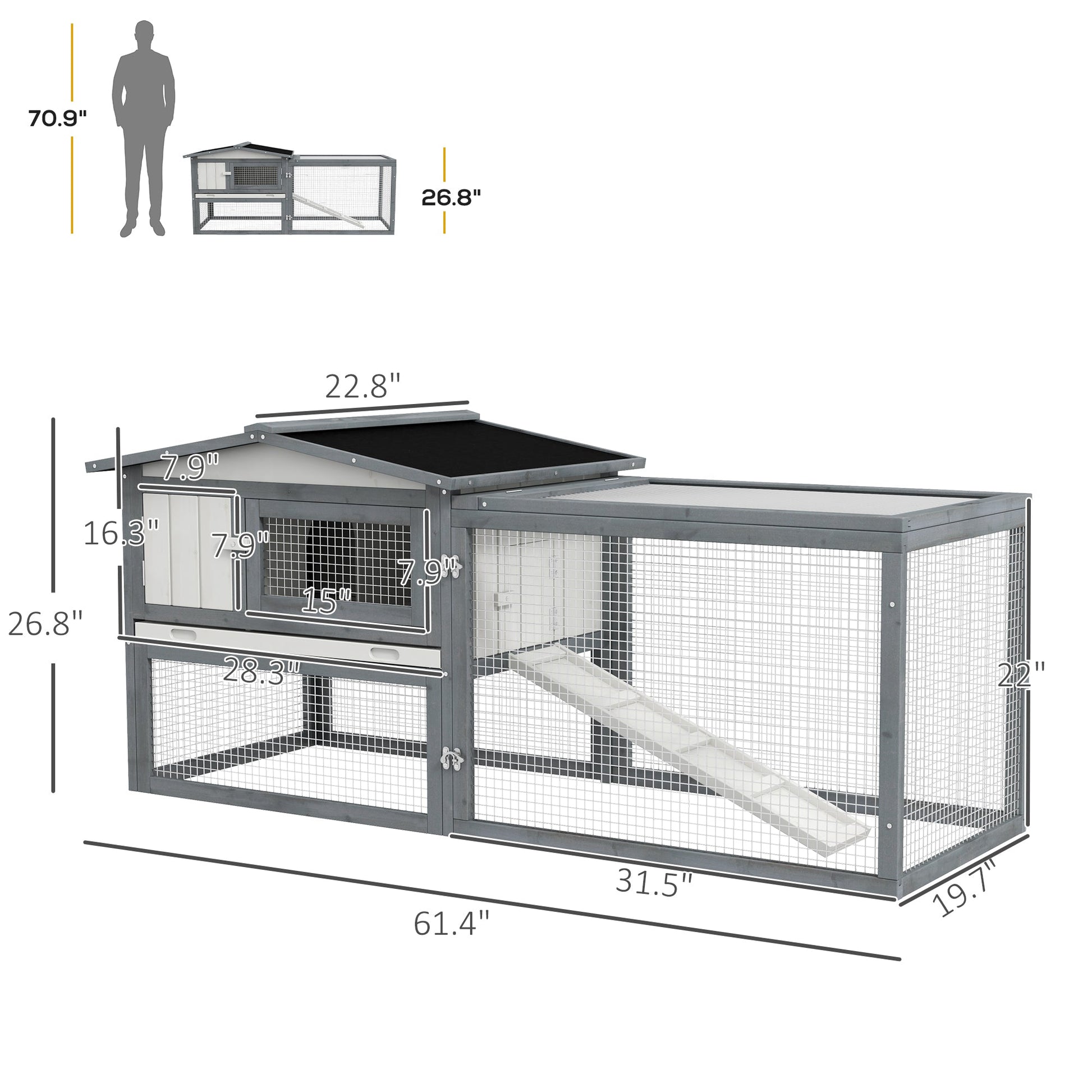 HKM-3695933 Large Outdoor Rabbit Hutch with Run, Removable Tray, Feeding Trough, and Ramp - Weatherproof Design in White