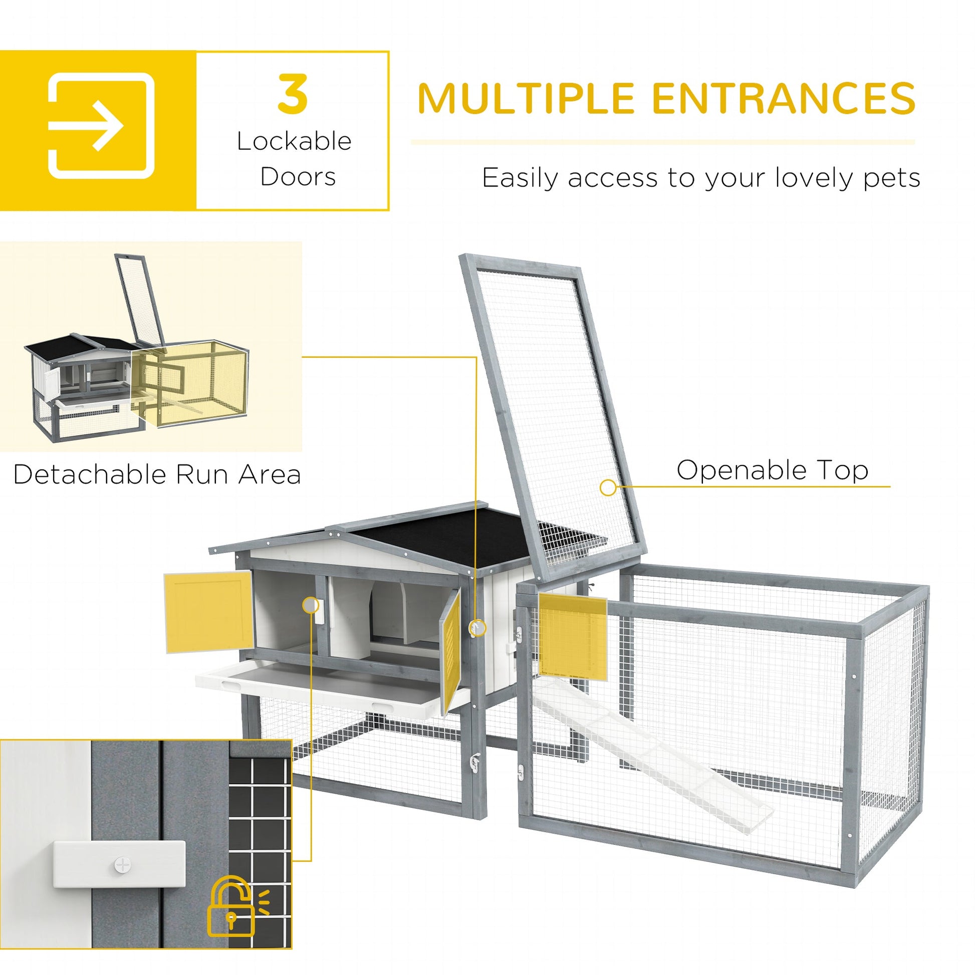 HKM-3695933 Large Outdoor Rabbit Hutch with Run, Removable Tray, Feeding Trough, and Ramp - Weatherproof Design in White