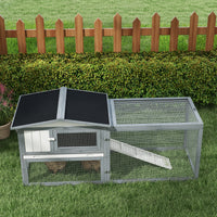 HKM-3695933 Large Outdoor Rabbit Hutch with Run, Removable Tray, Feeding Trough, and Ramp - Weatherproof Design in White