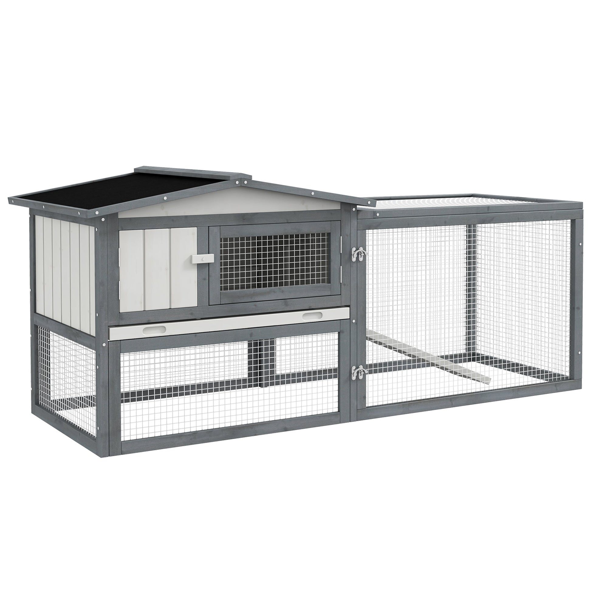 HKM-3695933 Large Outdoor Rabbit Hutch with Run, Removable Tray, Feeding Trough, and Ramp - Weatherproof Design in White