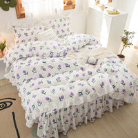 HKM-369619 Floral Cotton Bed Skirt and Bedding Set - 4 Pieces for Multiple Bed Sizes