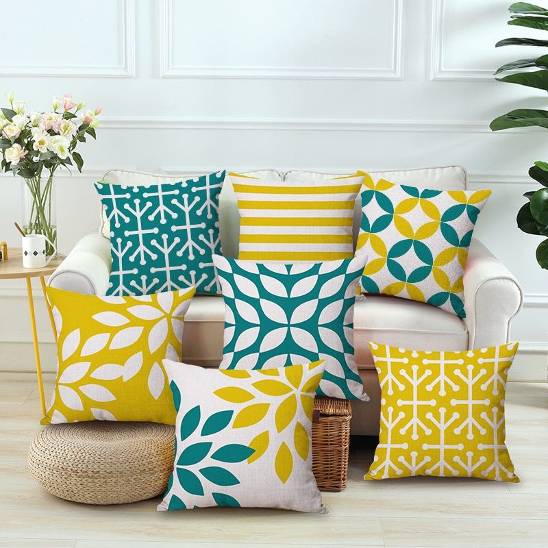 HKM-369619 Nordic Yellow Green Geometric Print Linen Cushion Cover 45x45cm