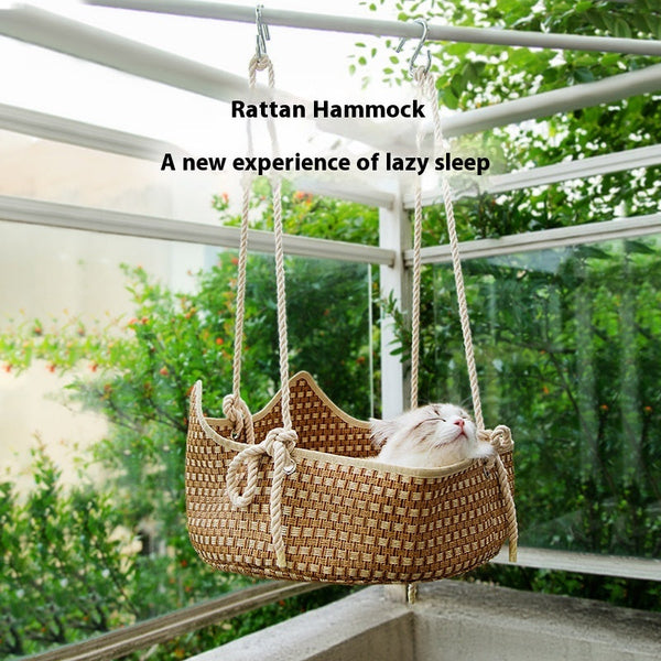 HKM-3699645 Rattan Cat Nest - Brown Straw Cat Hammock for Cats Under 15kg
