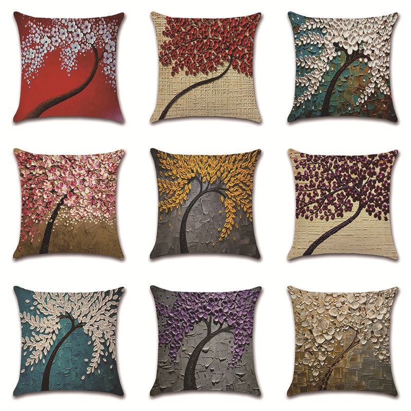 HKM-370131 Linen Autumn Landscape Pillow Cover with Floral and Leaf Patterns, 45x45cm