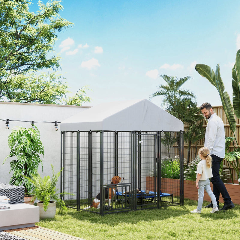 HKM-3701693 Large Outdoor Dog Kennel with Roof and Adjustable Bowls for Medium Dogs