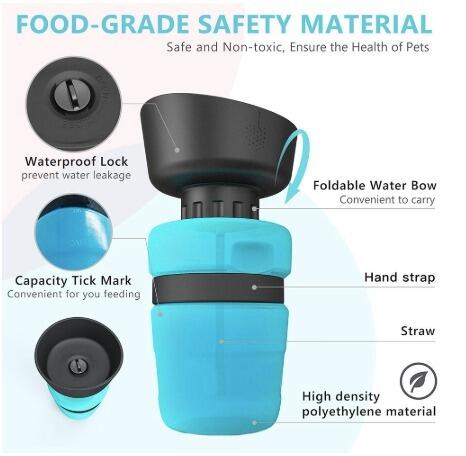 HKM-3703869 Foldable Pet Water Bottle with Integrated Bowl - BPA-Free Travel Water Dispenser for Dogs - 520ml Capacity