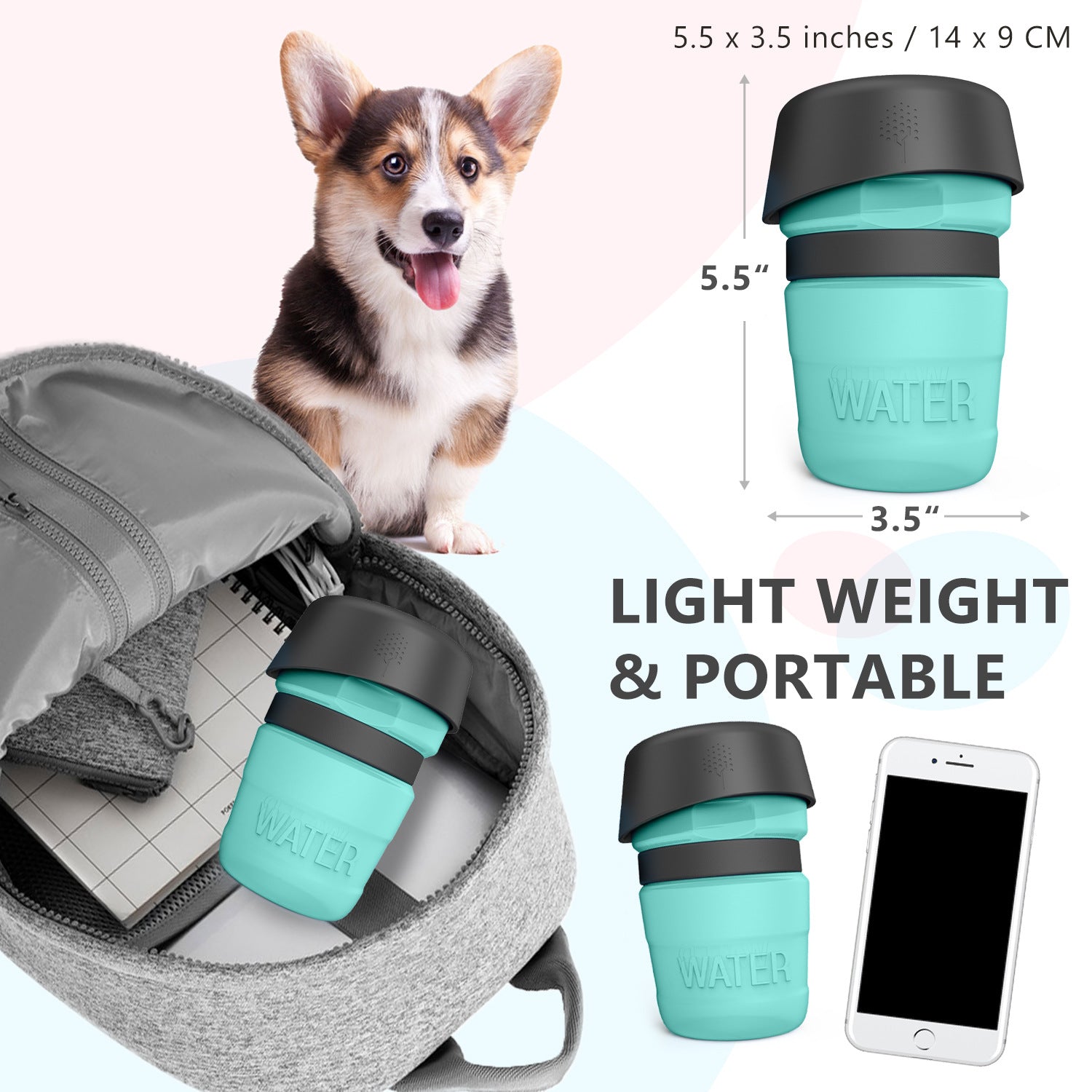 HKM-3703869 Foldable Pet Water Bottle with Integrated Bowl - BPA-Free Travel Water Dispenser for Dogs - 520ml Capacity