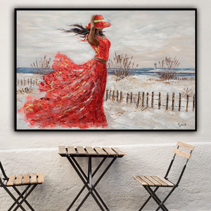 HKM-370387 Hand-Painted Oil Canvas Artwork of Girl in Red Dress by the Seaside - Modern Abstract Home Decor for Living Room and Bedroom