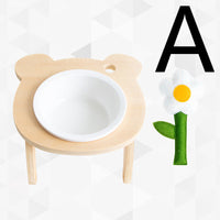 HKM-3709757 Ceramic Pet Bowl with Wooden Stand for Cats ¨C Simple Design Water and Food Dish