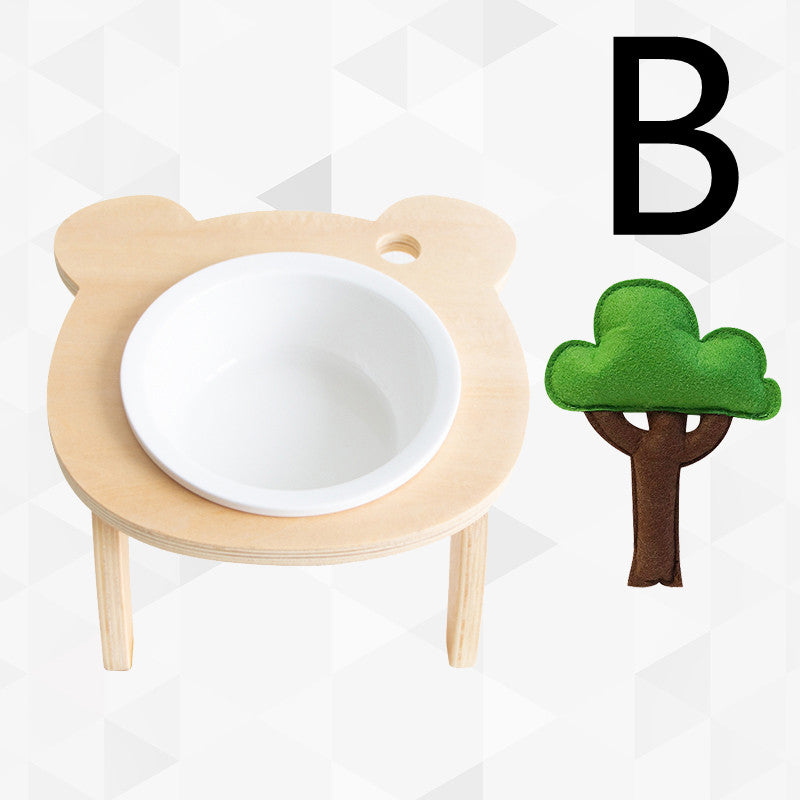 HKM-3709757 Ceramic Pet Bowl with Wooden Stand for Cats ¨C Simple Design Water and Food Dish