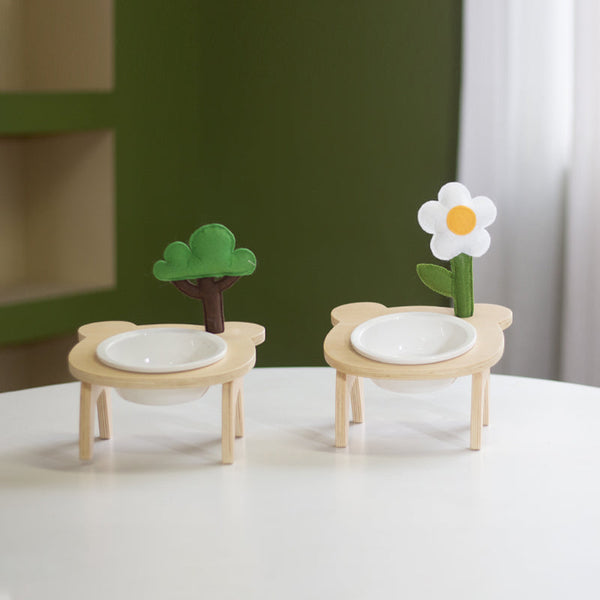 HKM-3709757 Ceramic Pet Bowl with Wooden Stand for Cats ¨C Simple Design Water and Food Dish