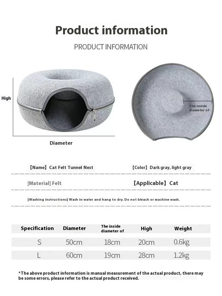 HKM-3719357 Cozy Round Cat Tunnel Nest - Soft Felt Pet Bed for Cats