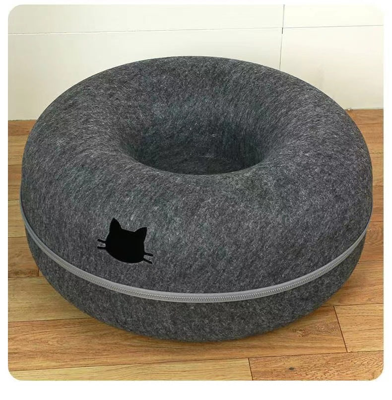 HKM-3719357 Cozy Round Cat Tunnel Nest - Soft Felt Pet Bed for Cats