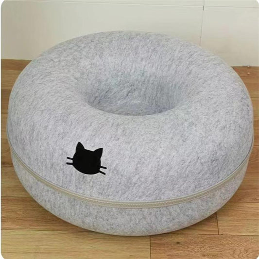HKM-3719357 Cozy Round Cat Tunnel Nest - Soft Felt Pet Bed for Cats