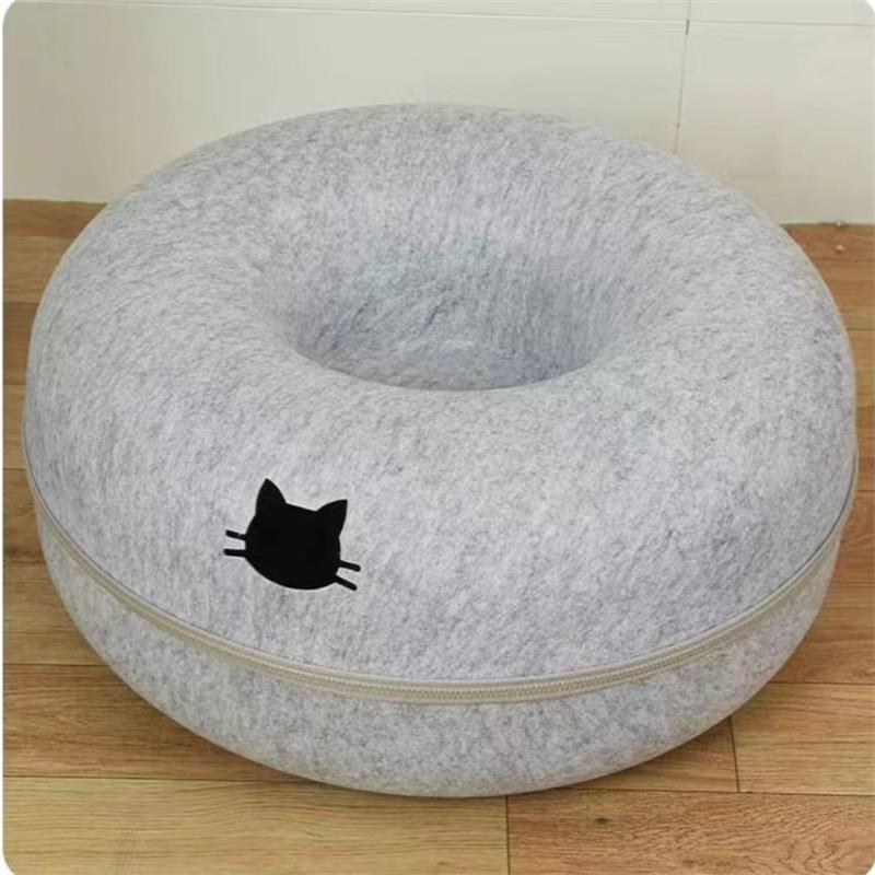 HKM-3719357 Cozy Round Cat Tunnel Nest - Soft Felt Pet Bed for Cats
