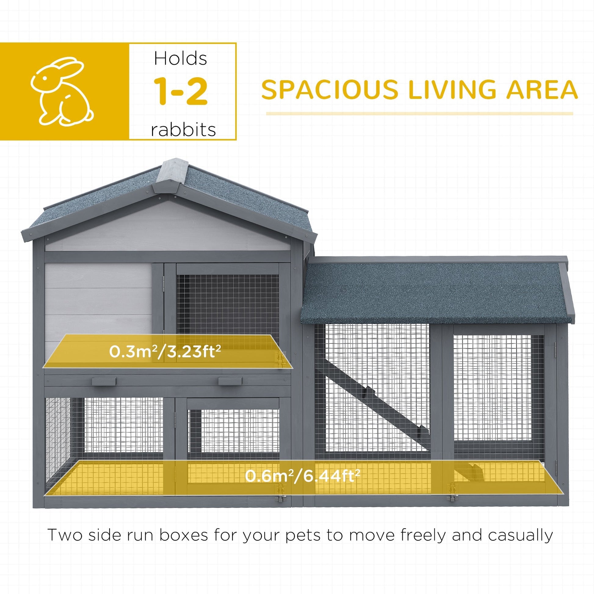 HKM-3722941 Outdoor Wooden Rabbit Hutch with Run Area, Removable Tray, Lockable Doors, and Asphalt Roof - Gray