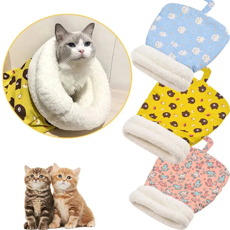 HKM-3723325 Cozy Pocketable Winter Sleeping Bag Cat Nest in Blue Rabbit, Pink Deer, and Yellow Bear Designs