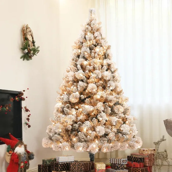 HKM-372371 Snow Flocked 6.5 Ft Artificial Christmas Tree with 350 Clear Lights and Metal Stand