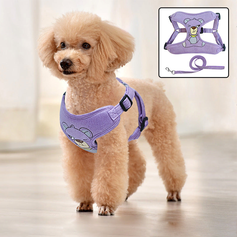 HKM-3724349 Suede Pet Harness with Chest Strap and Leash in Pink, Light Green, Dark Purple - Sizes S, M, L, XL