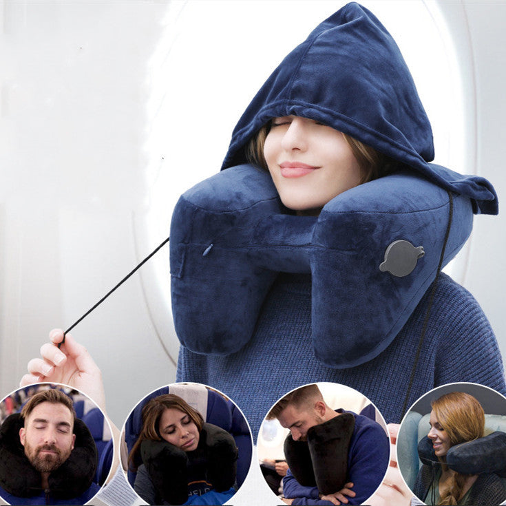 HKM-372435 H-Shaped Inflatable Neck Pillow for Travel - Lightweight, Foldable Design with Soft Velvet Fabric