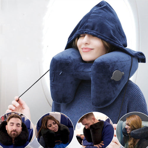 HKM-372435 H-Shaped Inflatable Neck Pillow for Travel - Lightweight, Foldable Design with Soft Velvet Fabric