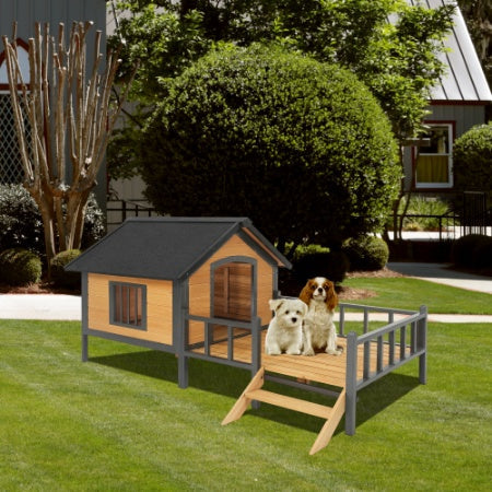 HKM-372755 Large Outdoor Wooden Dog Kennel with Porch and Waterproof Roof for Extra Large Breeds