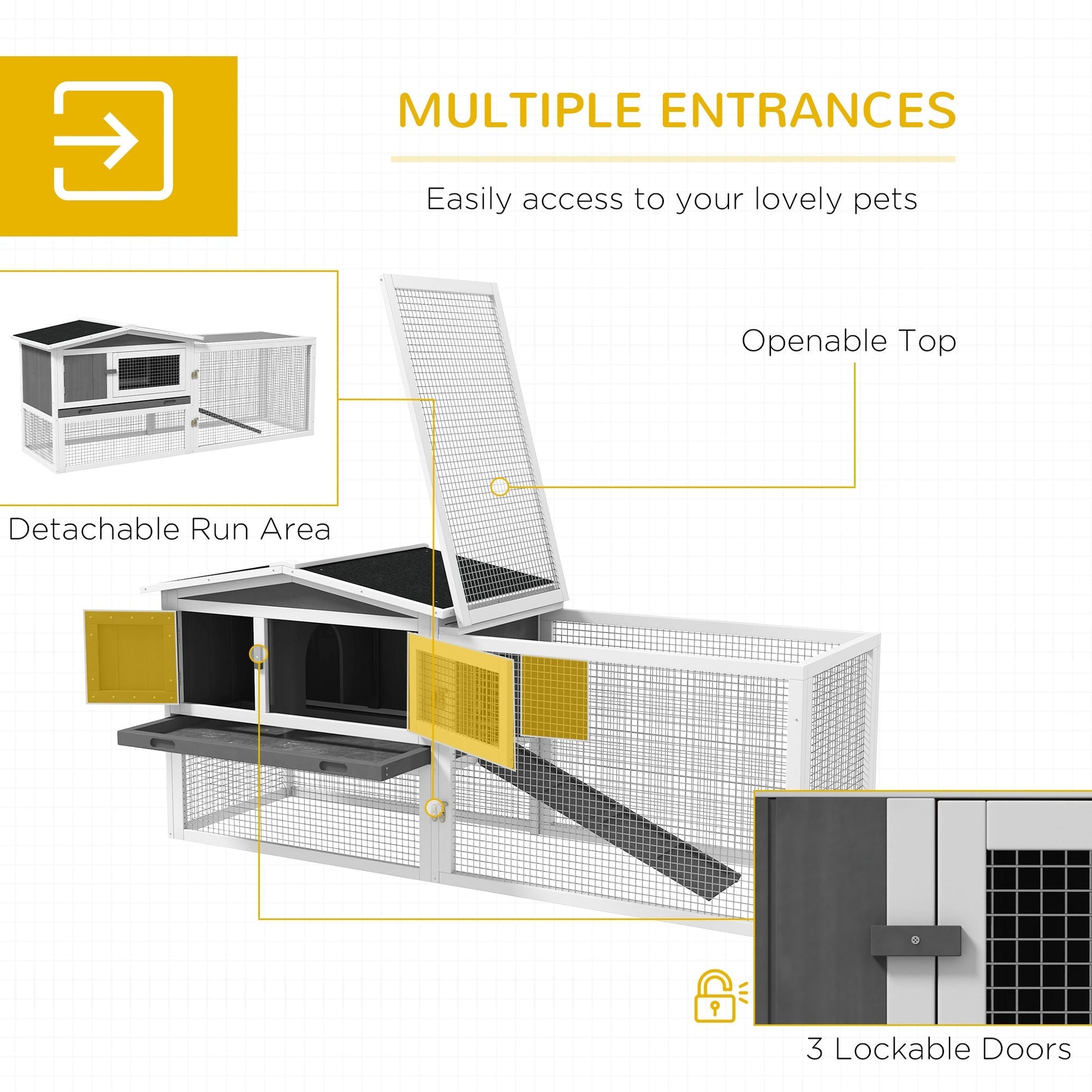 HKM-3728701 2-Story Rabbit Hutch with Removable Tray for Small Animals, Indoor/Outdoor Pet House, 61.5" x 23" x 27", Light Gray