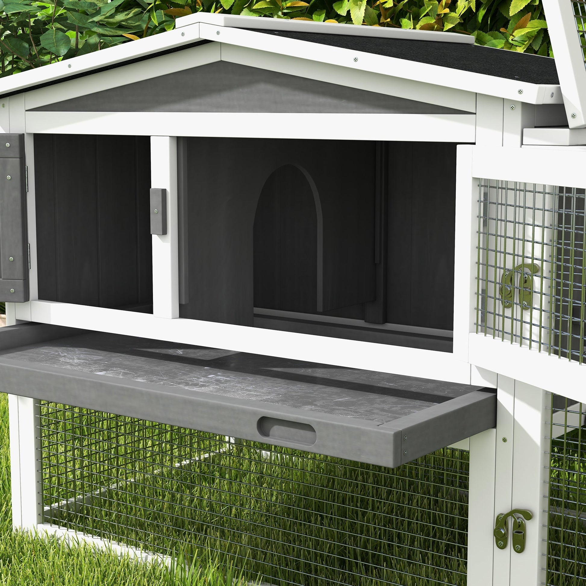HKM-3728701 2-Story Rabbit Hutch with Removable Tray for Small Animals, Indoor/Outdoor Pet House, 61.5" x 23" x 27", Light Gray