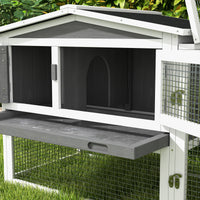 HKM-3728701 2-Story Rabbit Hutch with Removable Tray for Small Animals, Indoor/Outdoor Pet House, 61.5" x 23" x 27", Light Gray
