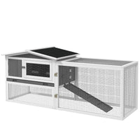 HKM-3728701 2-Story Rabbit Hutch with Removable Tray for Small Animals, Indoor/Outdoor Pet House, 61.5" x 23" x 27", Light Gray