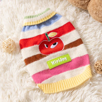 HKM-3729597 Medium-Sized Dog Pullover Sweater with Playful Cherry Design and Vibrant Multicolor Stripes