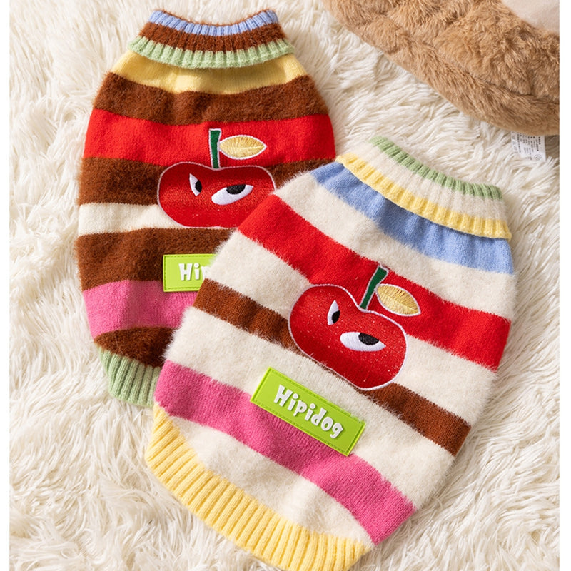 HKM-3729597 Medium-Sized Dog Pullover Sweater with Playful Cherry Design and Vibrant Multicolor Stripes