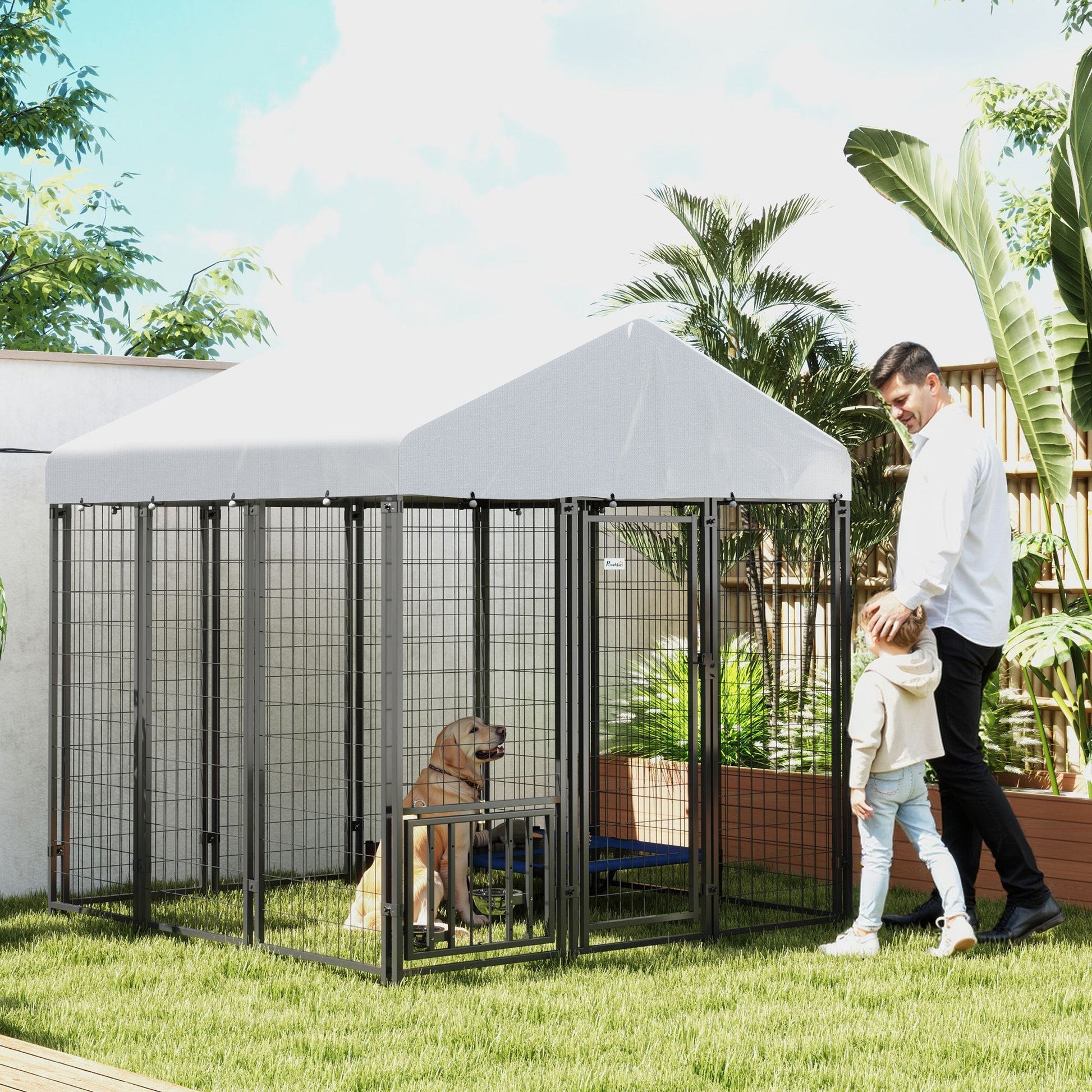 HKM-3734461 Outdoor Dog Kennel with Roof and Adjustable Bowls - Spacious 5.9' x 5.9' x 6' Structure for Large Dogs Up to 66 lbs