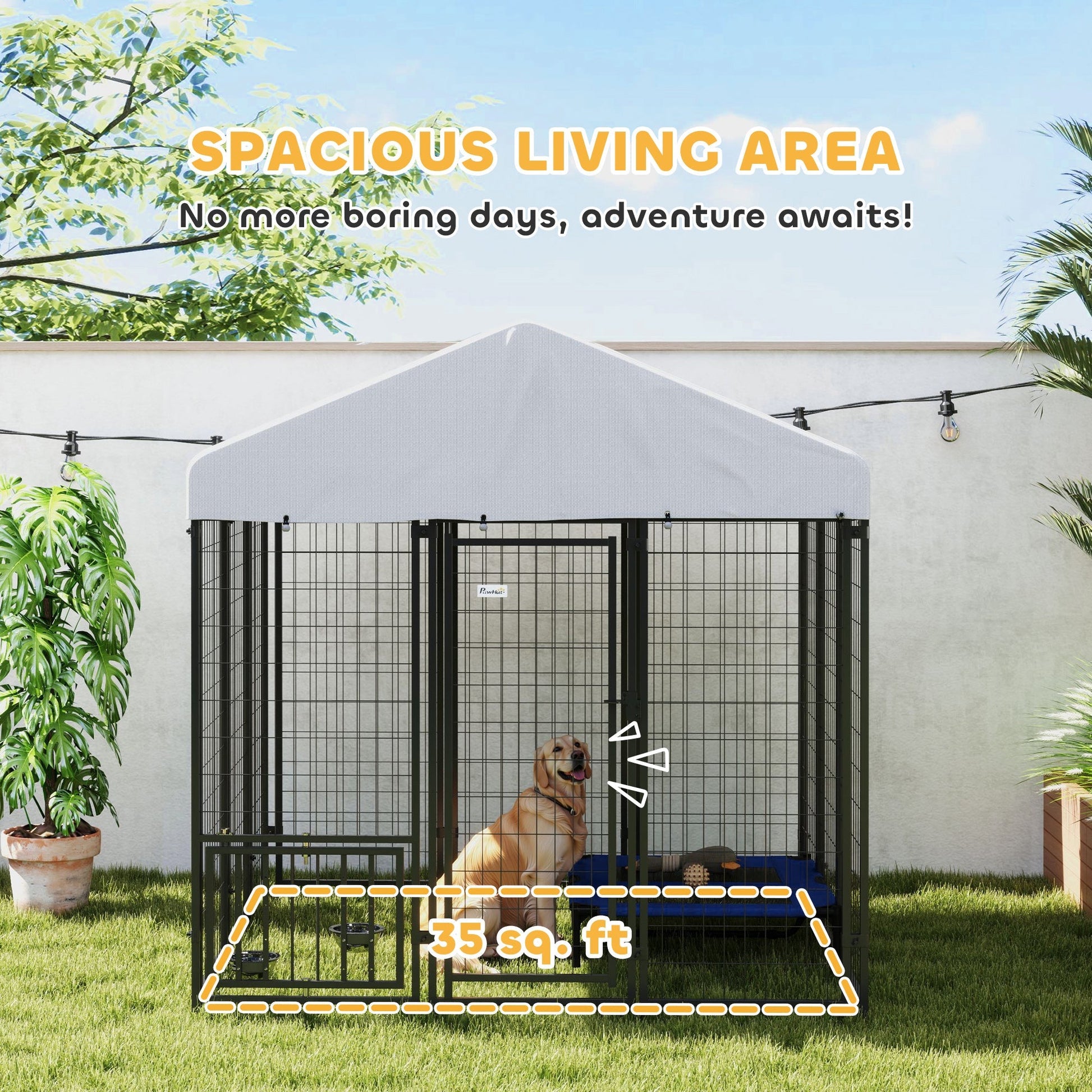 HKM-3734461 Outdoor Dog Kennel with Roof and Adjustable Bowls - Spacious 5.9' x 5.9' x 6' Structure for Large Dogs Up to 66 lbs