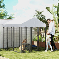 HKM-3734461 Outdoor Dog Kennel with Roof and Adjustable Bowls - Spacious 5.9' x 5.9' x 6' Structure for Large Dogs Up to 66 lbs