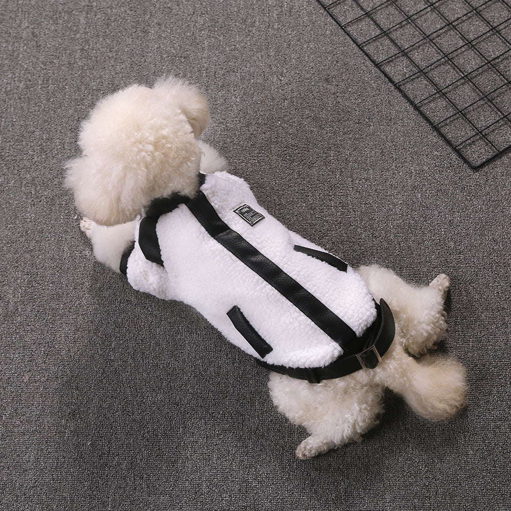 HKM-3737149 Warm Autumn and Winter Four-Legged Clothing for Puppies - Motorcycle Style and Stitching Lamb Wool Jacket
