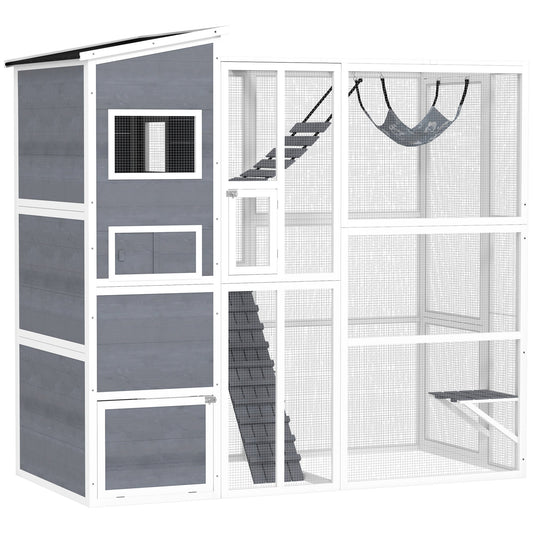HKM-373907 Large Gray Wooden Cat Enclosure with Four-Tier Resting Rooms and Multiple Access Options