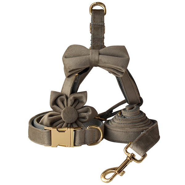 HKM-3745597 Pet Dog Flannel Chest Strap with Gold Buckle, Floral Bow, and Leash - Multiple Sizes Available