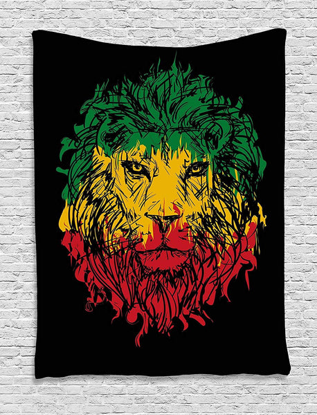 HKM-374611 Calico Lion Headband Wall Tapestry - Black Background, Light Green & Yellow Accents for Bedroom, Living Room, Dormitory